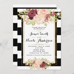 Invitación Moderno Glam Floral Black White Stripes Boda