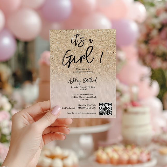 Invitación Moderno Glam Gold Purpurina Chica Rosa Ombre (Modern Glam Gold Glitter Pink Ombre Girl Baby Show Invitation)