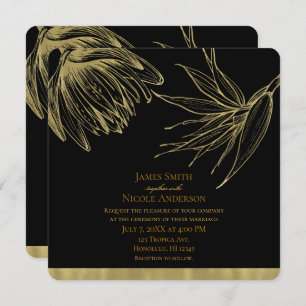 Invitación Moderno Glam Gold y Black Tropical Botanical Flora