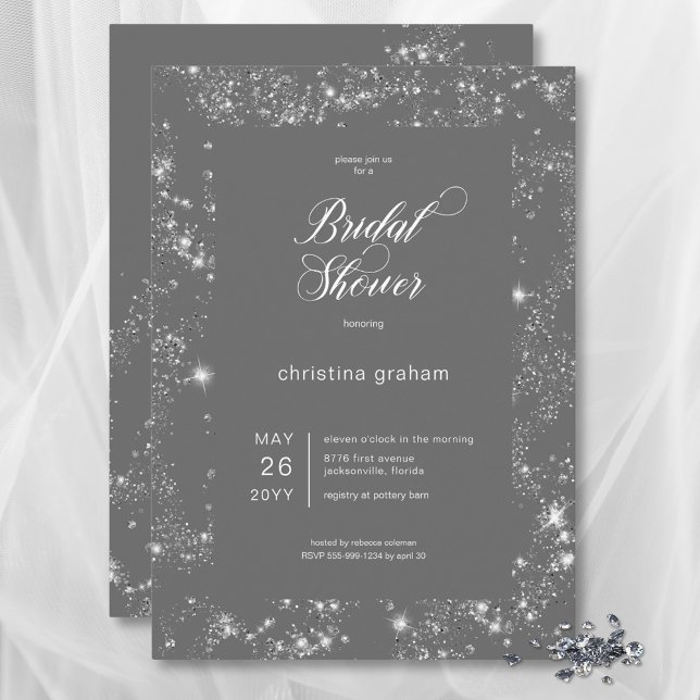 Invitación Moderno Glam Gray Diamond Frame Ducha Bridal (Modern Gray Glam Diamond Frame Bridal Shower Invitation)