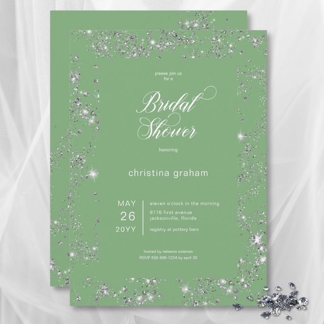 Invitación Moderno Glam Green Diamond Frame Bridal Shower (Modern Green Glam Diamond Frame Bridal Shower Invitation)
