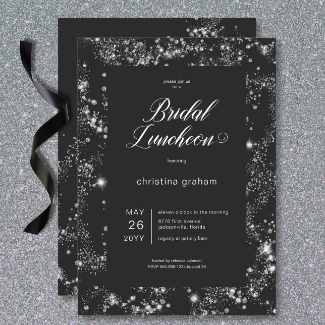 Invitación Moderno Glam Negro Marco de Diamante Luncheon de n (Modern Black Glam Diamond Frame Bridal Luncheon Invitation)
