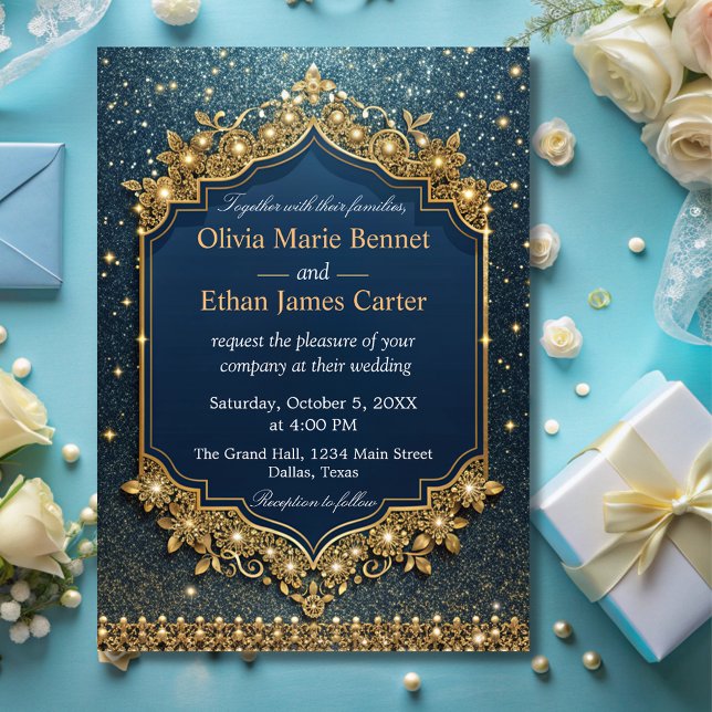 Invitación moderno glam Purpurina azul  moda boda (Subido por el creador)