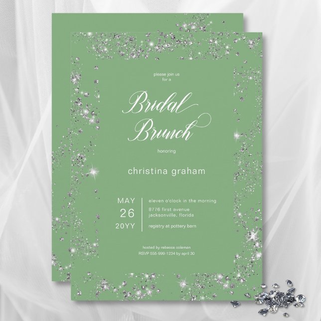 Invitación Moderno Glam Verde Marco de diamante Brunch de nov (Modern Green Glam Diamond Frame Bridal Brunch Invitation)