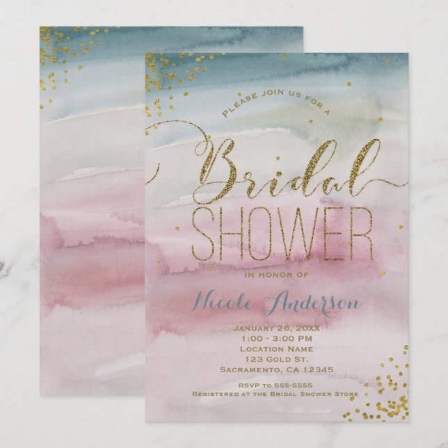 Invitación Moderno Glam Watercolor Gold Confetti BRIDAL DUCHA (Anverso / Reverso)