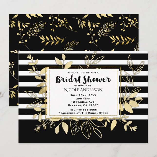 Invitación Moderno Glamour Botánico de Oro Negro Ducha Bridal (Anverso / Reverso)