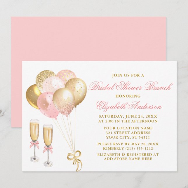 Invitación Moderno Globo de Oro Rosado Bridal Shower Brunch (Anverso / Reverso)