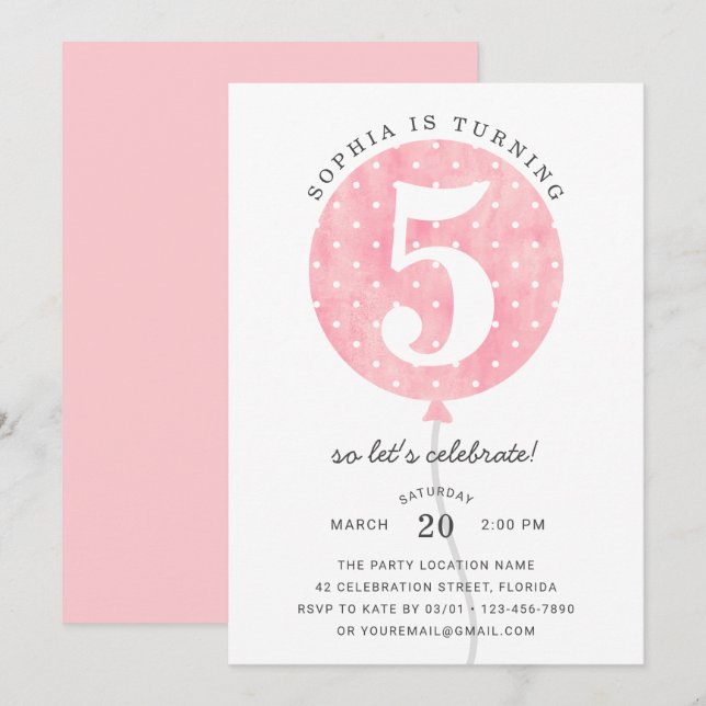 Invitación Moderno globo rosa elegante Chica Aniversario (Anverso / Reverso)
