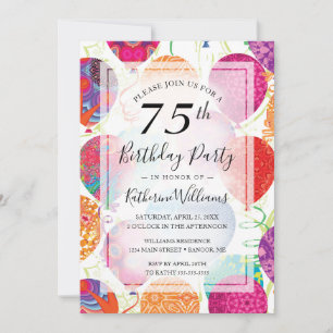 Invitación Moderno Globos Púrpuros Rosados 75ª fiesta de cump