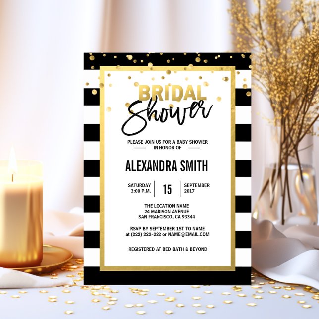 Invitación Moderno Gold Black Stripes Blancas Bridal Shower (Modern Gold Black White Stripes Bridal Shower Invitation)