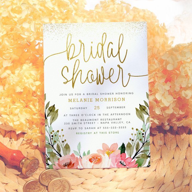 Invitación Moderno Gold Script Watercolor Floral Bridal Showe (Subido por el creador)