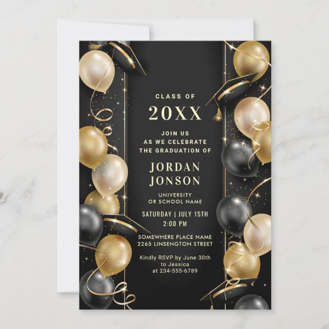 Invitación Moderno Gorra de graduación negro dorado Fiesta de (Anverso)