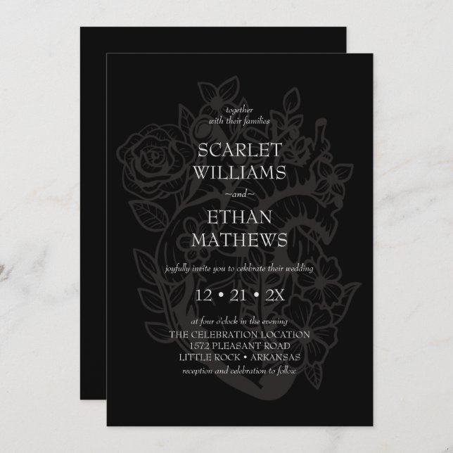 Invitación Moderno Gótico Gótico Elegante Boda Floral Corazón (Anverso / Reverso)