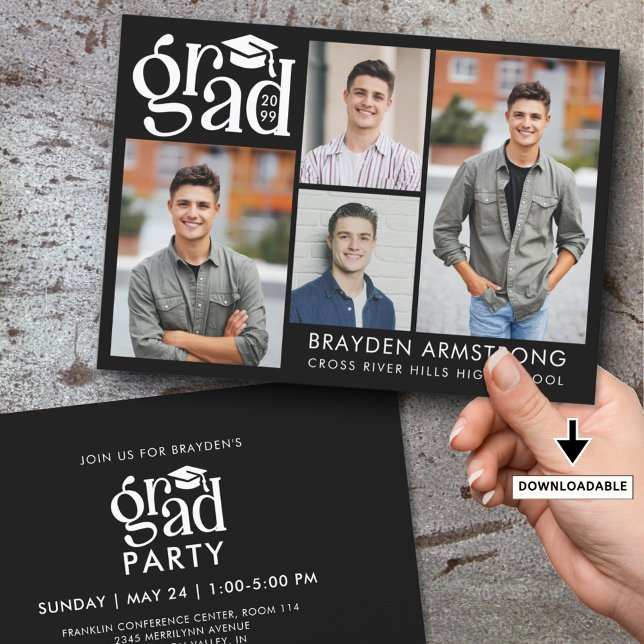 Invitación Moderno GRAD 4 Fotos Blanco negro (Subido por el creador)