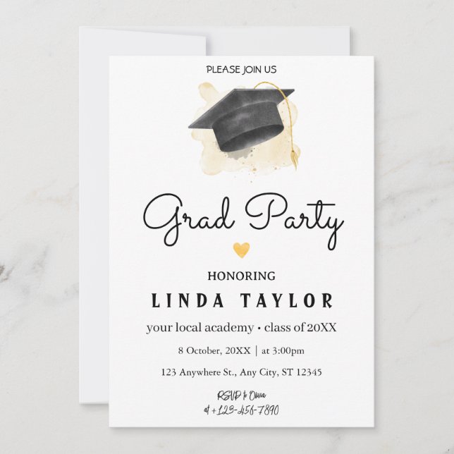 Invitación Moderno GRAD Black Gold Graduation Party (Anverso)