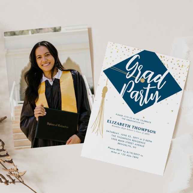 Invitación Moderno GRAD Cap Blue Gold Photo Graduation Party (Subido por el creador)