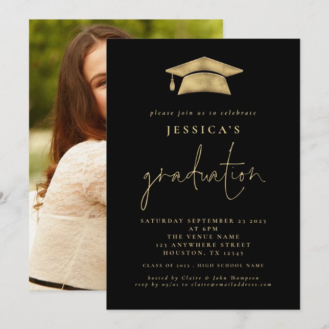 Invitación Moderno Graduación 2024 Foto Grad Gold Grad Cap Bl (Anverso / Reverso)