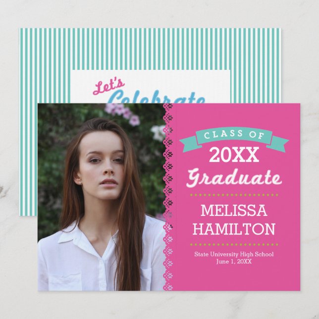 Invitación Moderno Graduación de fotos en franjas rosadas y d (Anverso / Reverso)