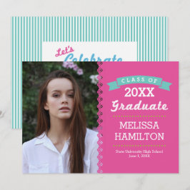 Invitación Moderno Graduación de fotos en franjas rosadas y d