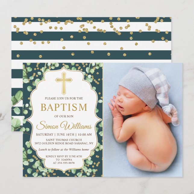 Invitación Moderno Greenery Gold Purpurina Baptism Photo (Anverso / Reverso)