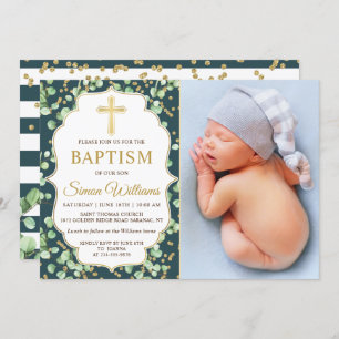 Invitación Moderno Greenery Gold Purpurina Baptism Photo