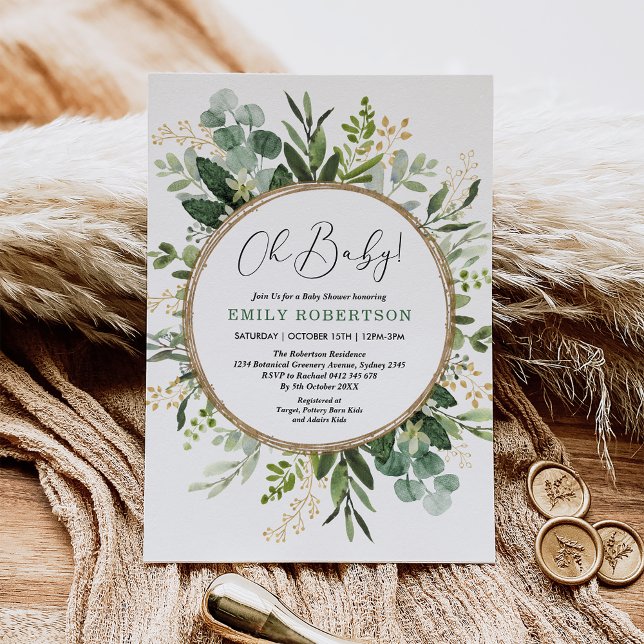 Invitación Moderno Greenery Gold Sexo Neutral Baby Shower (Subido por el creador)