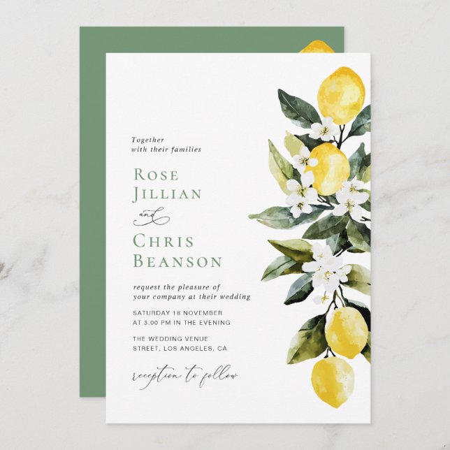 Invitación Moderno Greenery Lemon Floral Wedding (Anverso / Reverso)