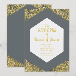 Invitación Moderno Gris Chic Brillo Dorado Escamas Glam Nupci