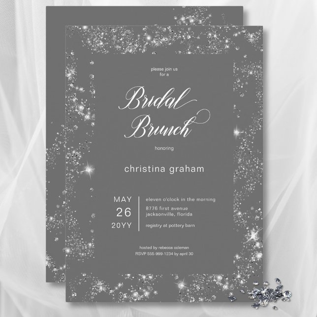 Invitación Moderno Gris Glam Diamond Frame Bridal Brunch (Modern Gray Glam Diamond Frame Bridal Brunch Invitation)