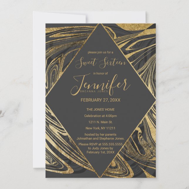 Invitación Moderno Gris Gris Oro Marble Swirl Dulce 16 (Anverso)