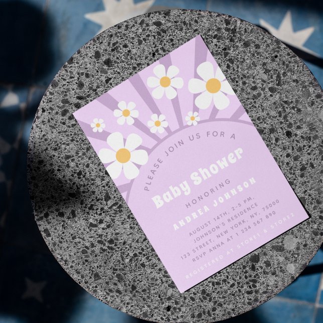 Invitación Moderno Groovy Retro Pink Purple Daisy Baby Shower (Subido por el creador)