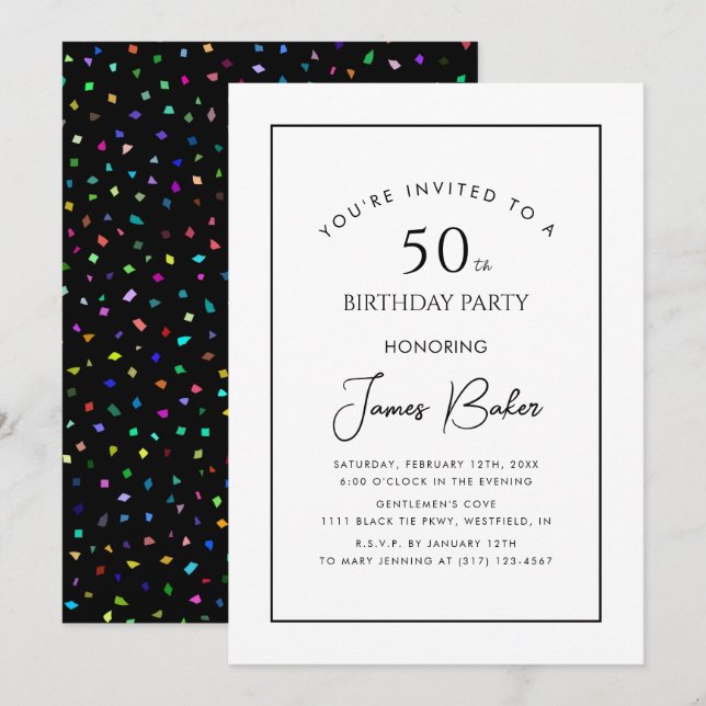 Invitación Moderno guión 50 cumpleaños fiesta por él Confetti (Anverso / Reverso)