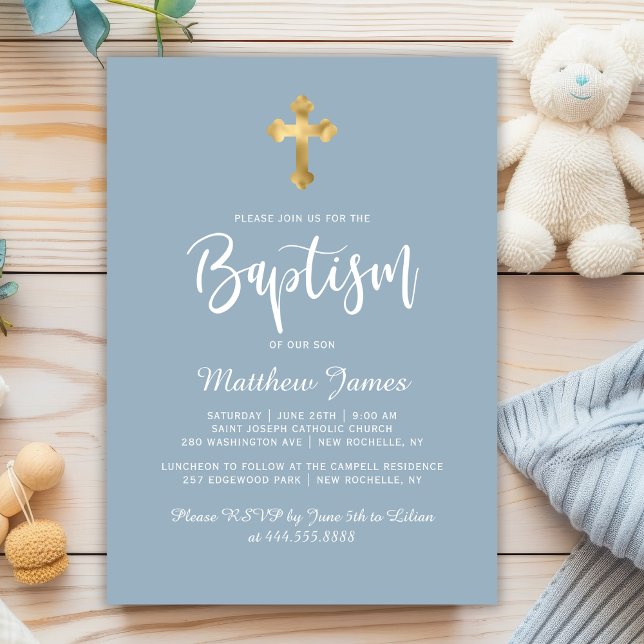 Invitación Moderno guión cruz de oro polvoriento bautismo de  (Subido por el creador)