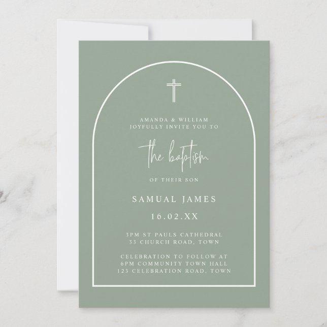 Invitación Moderno guión de arco verde sabio bautizo Minimali (Anverso)