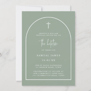 Invitación Moderno guión de arco verde sabio bautizo Minimali