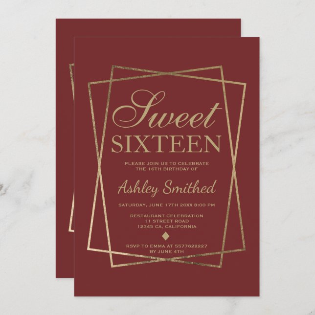 Invitación Moderno guión de moda falsa burgundy Sweet 16 (Anverso / Reverso)