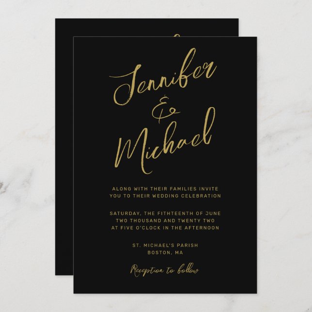 Invitación Moderno Guión De Oro Negro Todo En Un Boda (Anverso / Reverso)