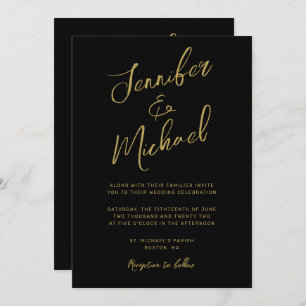 Invitación Moderno Guión De Oro Negro Todo En Un Boda