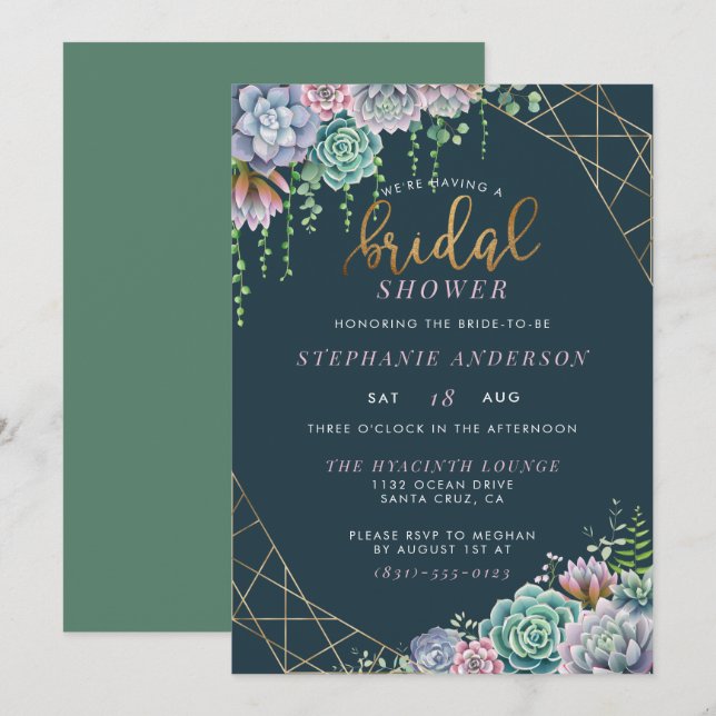 Invitación Moderno Guión Dorado Cute Sucultores Ducha Bridal (Anverso / Reverso)