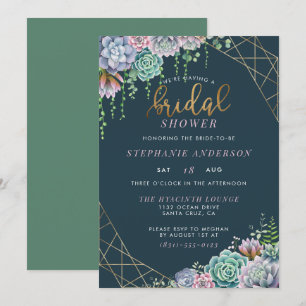 Invitación Moderno Guión Dorado Cute Sucultores Ducha Bridal