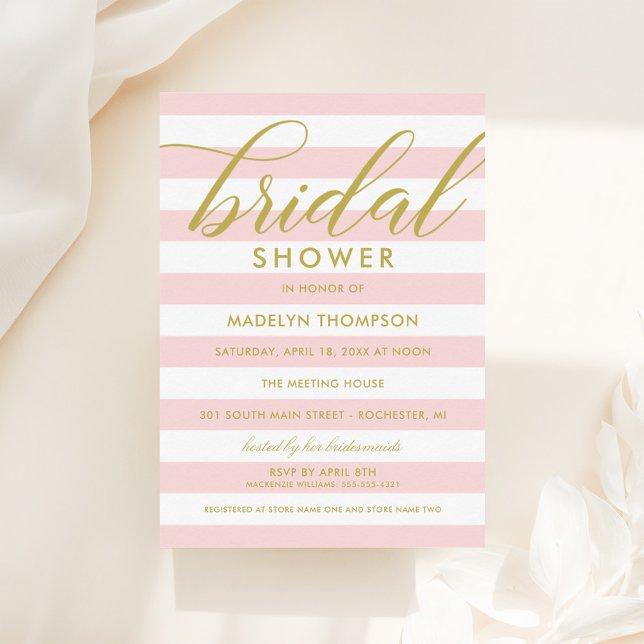 Invitación Moderno guión dorado rayas rosadas ducha de novia (Subido por el creador)