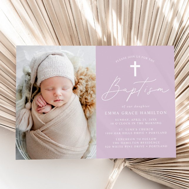 Invitación Moderno guión luminoso Purple Photo Baptism (Subido por el creador)