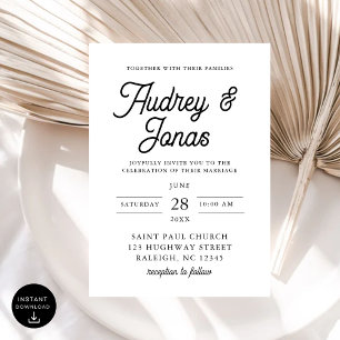 Invitación Moderno guión Minimalista Boda blanco y negro
