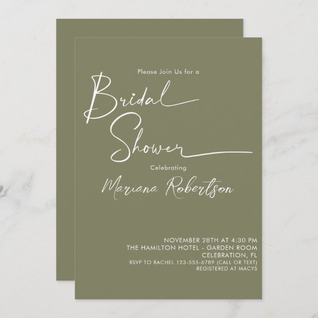 Invitación Moderno guión Minimalista Sage Green Bridal Shower (Anverso / Reverso)