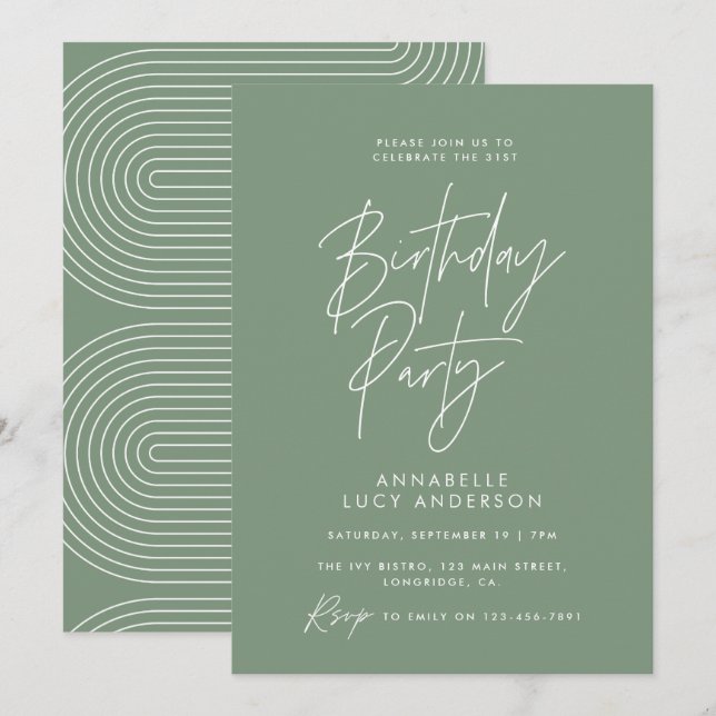 Invitación Moderno guión mínimo cumpleaños geométrico verde (Anverso / Reverso)