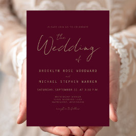 Invitación Moderno guion mínimo de oro Borgoña Boda