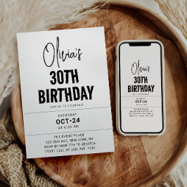 Invitación Moderno guión negro 30 cumpleaños Moda y Minimalis