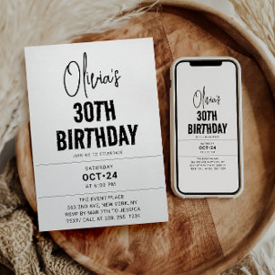 Invitación Moderno guión negro 30 cumpleaños Moda y Minimalis