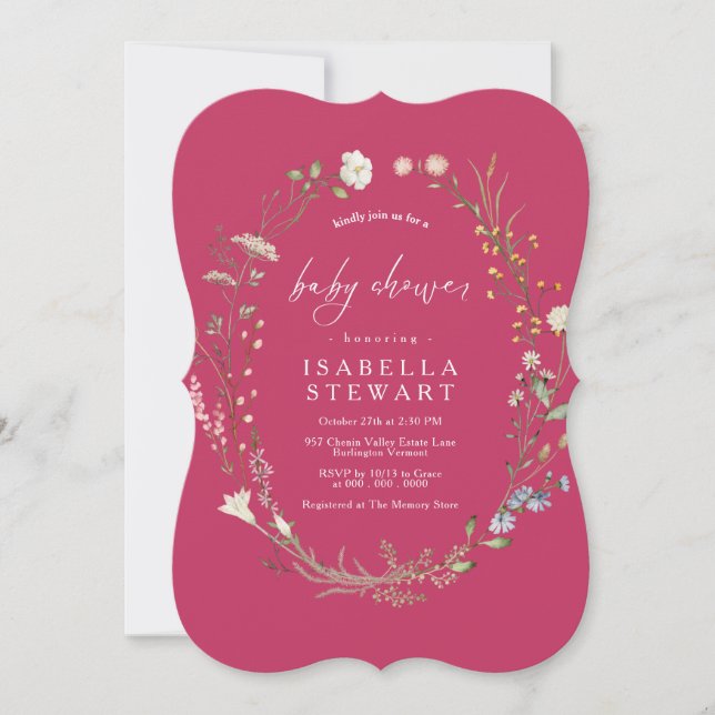 Invitación Moderno guión rosado caliente Wildflower Baby Show (Anverso)