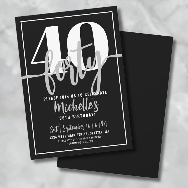 Invitación Moderno guión sencillo y elegante 40 cumpleaños Fi (Modern Black 30th Birthday Party Invitation)